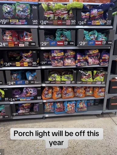 Picture of candy packages in a store advertised for $24-29 each with the caption “Porch light will be off this year“