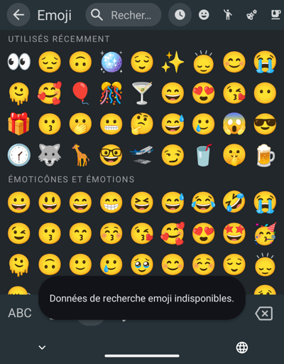 Google Board emoji panel error message saying emoji search data is unavailable, in French